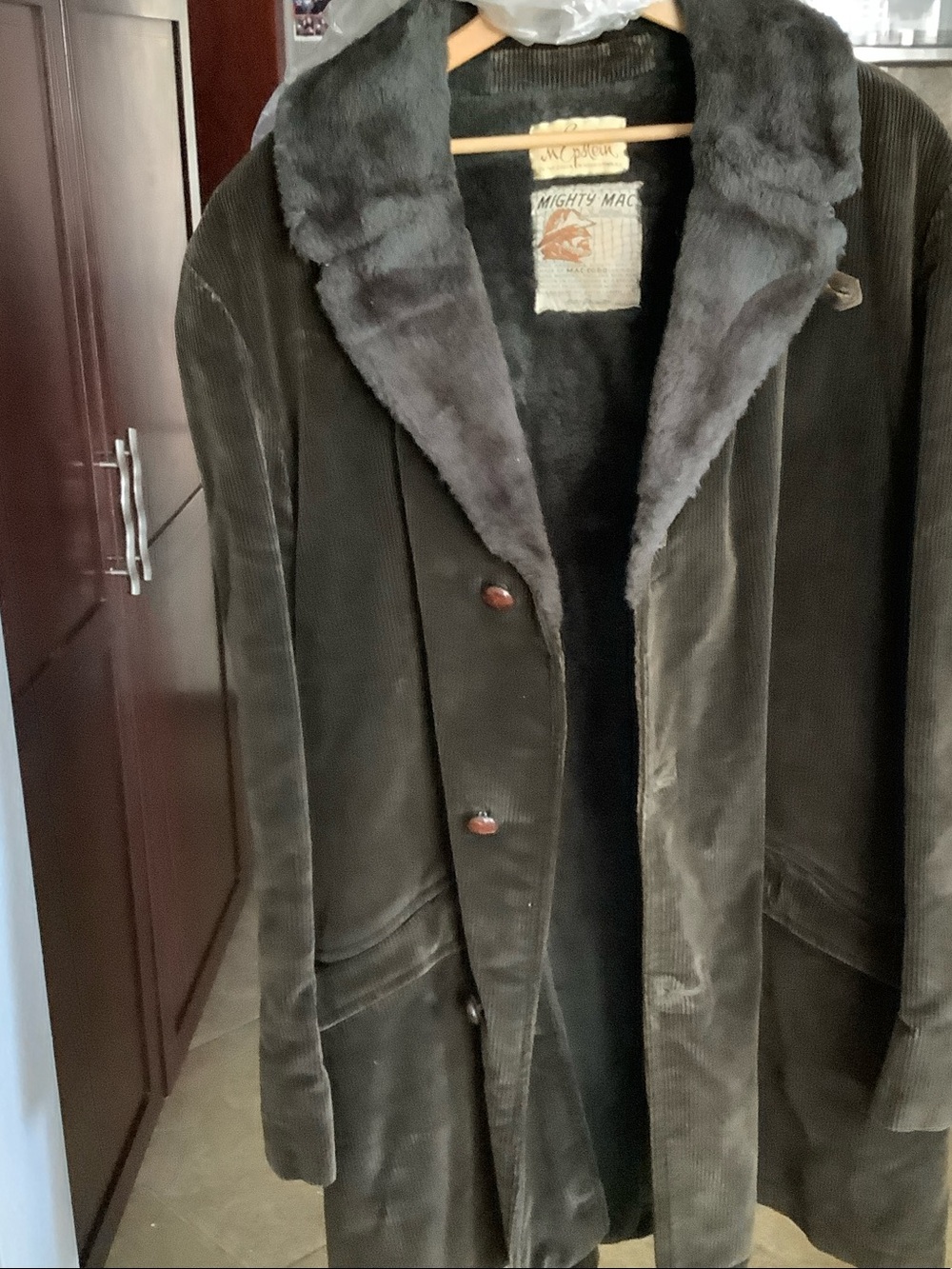 Mighty Mac Men's Corduroy Pea Coat with Fur Collar - Dark Brown